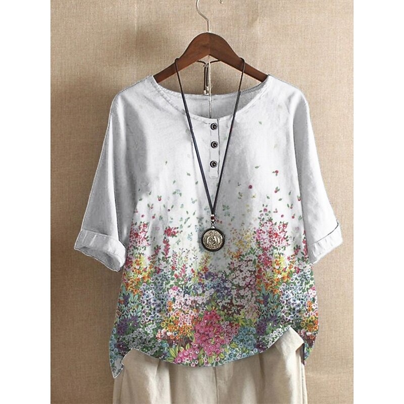 Women's  Shirts Floral Striped Basic Casual Half Sleeve Crew Neck Regular Tops Daily Print Black White Blue Sky Blue Green Summer3