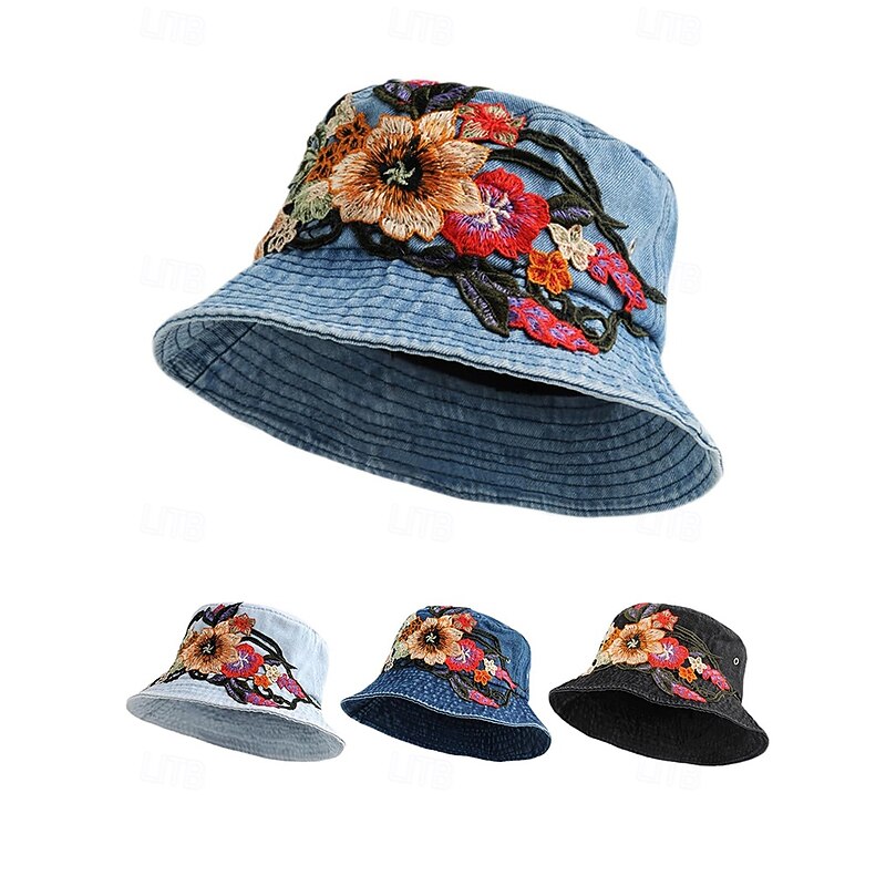 Women's Embroidered Denim Bucket Hat – Floral Design, Stylish Summer Hat, Perfect for Outdoor Activities, Beach and Casual Wear3