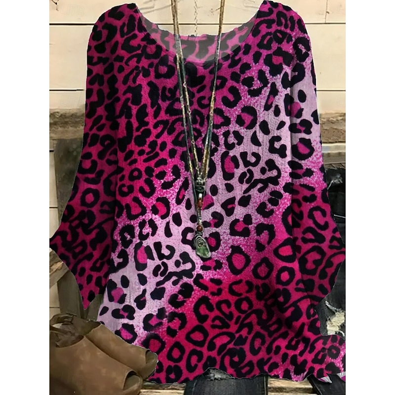 Women's Shirt Leopard Stylish 3/4 Length Sleeve Crew Neck Regular Tops Daily Holiday Print Purple Fuchsia Brown Summer2
