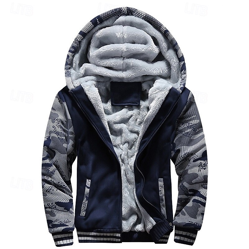 Men's Hoodie Fleece Hoodie Navy Blue Light Grey Dark Gray Hooded Camouflage Zipper Color Block Sports & Outdoor Casual Daily Polyester Streetwear Cool Casual Fall Winter Clothing Apparel Hoodies