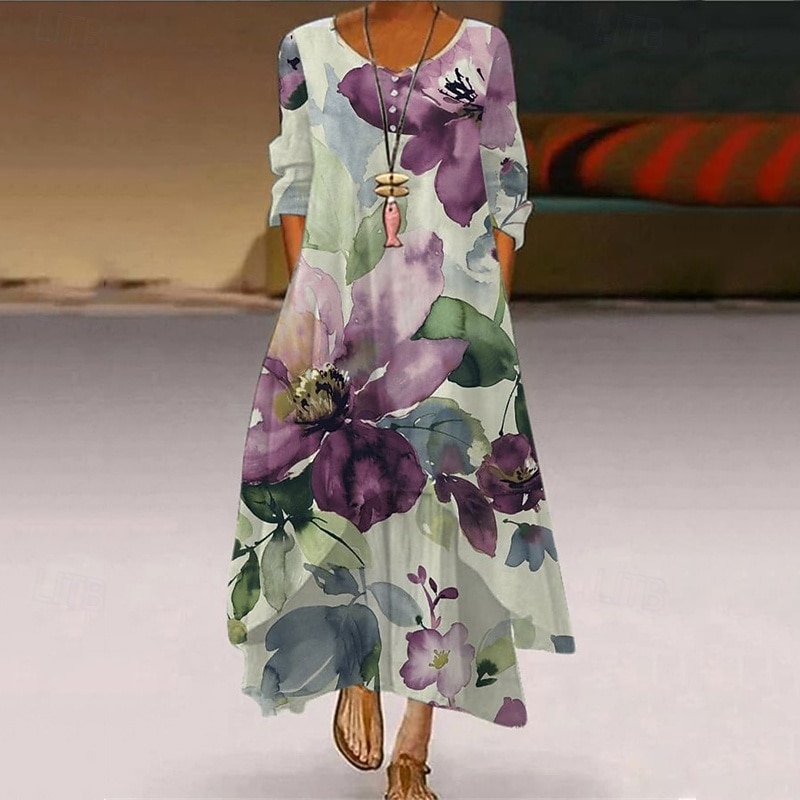 Women's Long Dress Maxi Dress Casual Dress Print Dress Elegant Fashion Classic Outdoor Vacation Holiday Regular Fit Flower Long Sleeve V Neck Purple Spring Fall