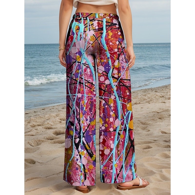 Women's Wide Leg Chinos Baggy Pants Vacation Vintage Fashion Full Length High Waist Graphic Abstract Printing Soft Breathable Micro-elastic Formal Outdoor Vacation carmine Robin's Egg Blue Yellow2