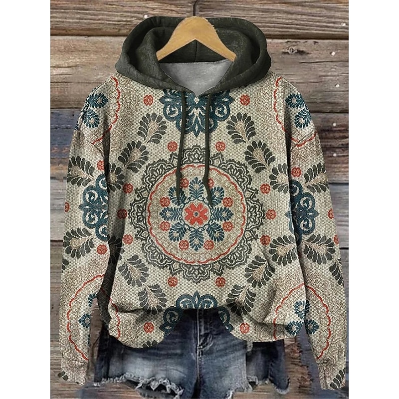 Women's Hoodie Pullover Sweatshirt Oversized Long Sleeve Casual Graphic Floral Paisley Vintage Fashion Western Hooded Street Dailywear Holiday Print Front Pocket Blue Orange Beige Gray Fall Winter4