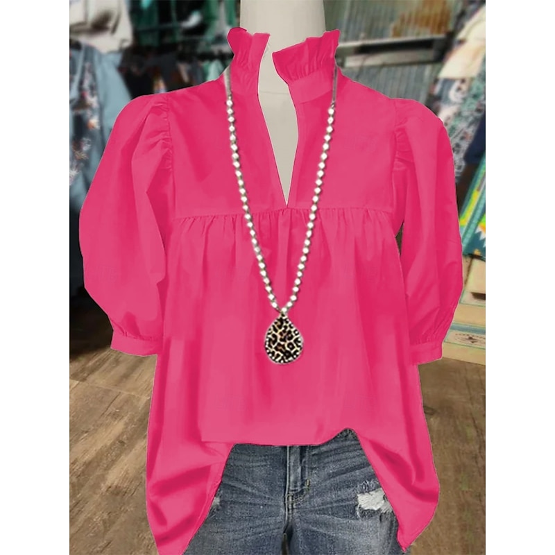Women's Shirt Plain Basic Modern Half Sleeve V Neck Regular Tops Daily Holiday Ruched Black White Yellow Blue Fuchsia Summer3