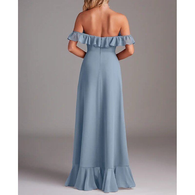 A-Line Bridesmaid Dress Sweetheart Short Sleeve Elegant Asymmetrical Chiffon with Ruffles / Split Front2