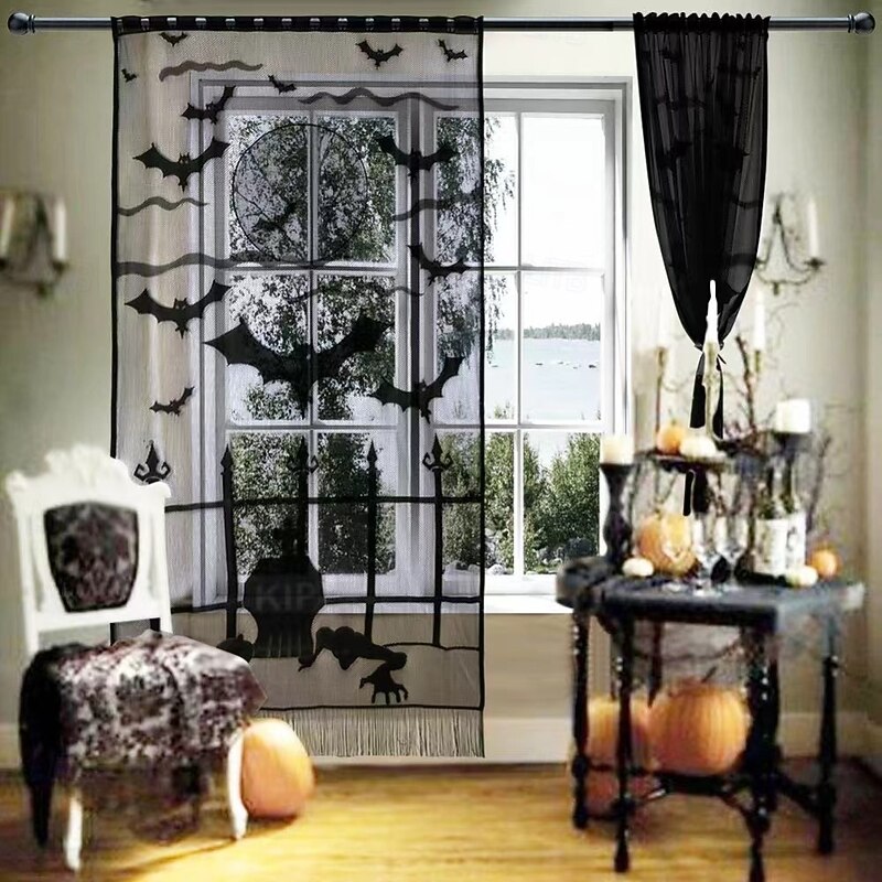 Happy Halloween Lace Window Curtain Door Panel Bats Spider Web Design Halloween Party Decoration2