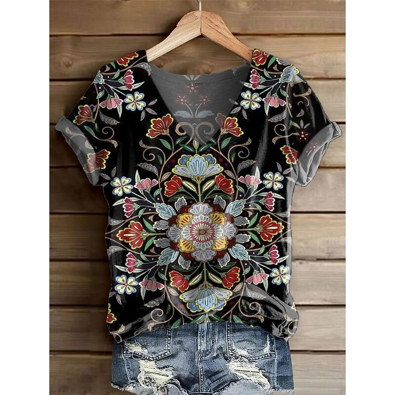 Women's T Shirt Floral Graphic Plants Vintage Stylish Classic Short Sleeve V Neck Regular Tops Daily Print Black Yellow Blue Dusty Blue Purple Summer Spring3
