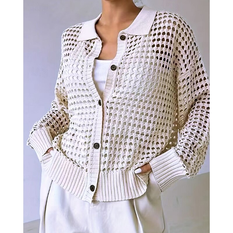 Women's Cardigan Fashion Solid Color Ribbed Shirt Collar Hollow Out Buttons Knitted Long Sleeve Regular Tops Knit Outdoor Daily Holiday White Fall