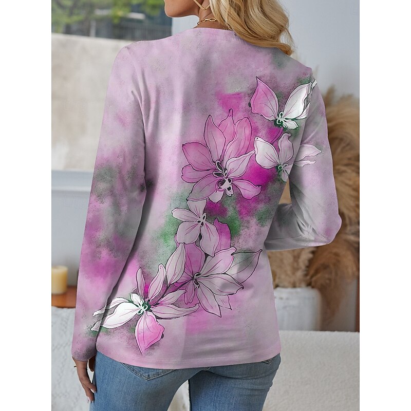 Women's T Shirt Floral Graphic Vintage Stylish Modern Long Sleeve V Neck Regular Tops Daily Cut Out Print Red Blue Sky Blue Purple Spring Fall2
