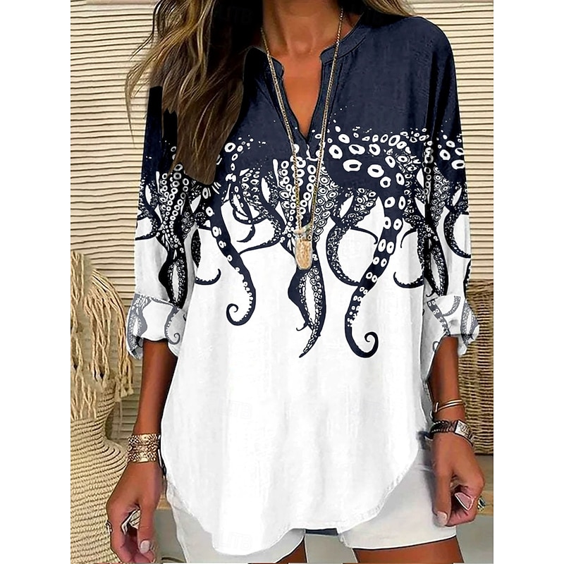 Women's Blouse Tunic V Neck Long Sleeve Boho Casual Tops Graphic Animal Dragonfly Bohemia Vintage Tropical Regular Tops Daily Wear Print Navy Blue Dusty Blue Light Grey Beige4