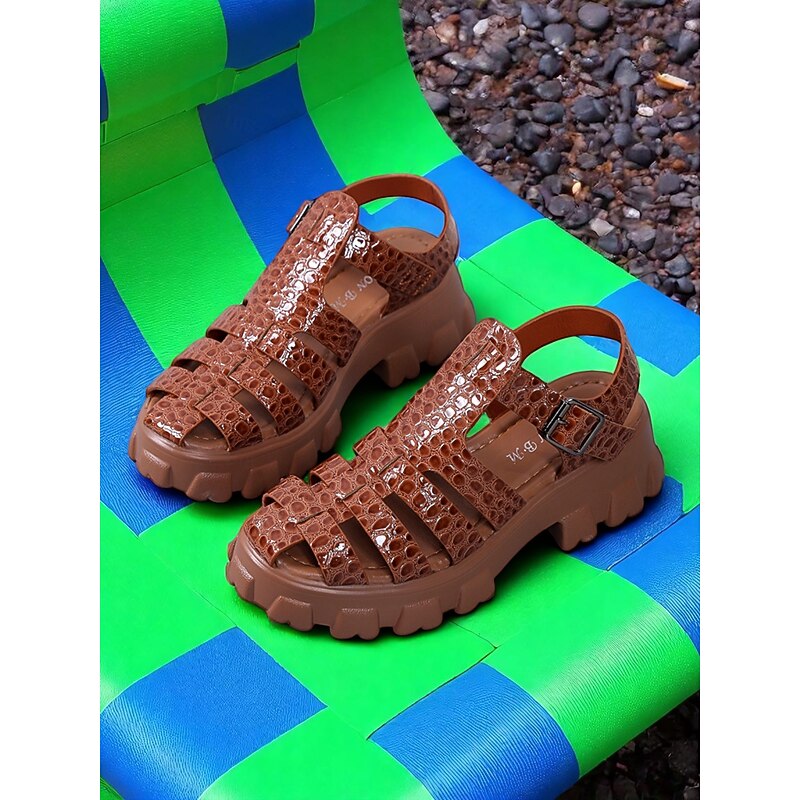 Women's Brown Chunky Gladiator Sandals – Retro Croc Embossed Open-Toe Platform Shoes for Ladies, Perfect for Outdoor Adventures, Festivals and Weekend Style4