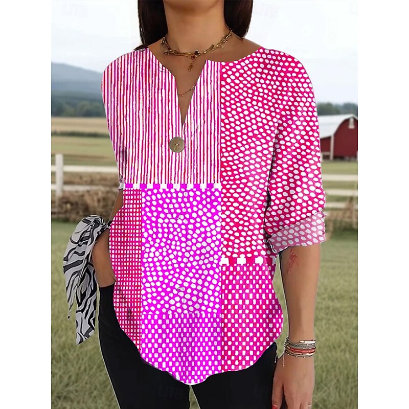 Women's Shirt Long Sleeve  V Neck Floral Graphic Geometric Vintage Tropical Hawaiian 3/4 Length Sleeve Crew Neck Regular Tops Daily Holiday Beach Wear Print Pink Orange Khaki Summer Spring2