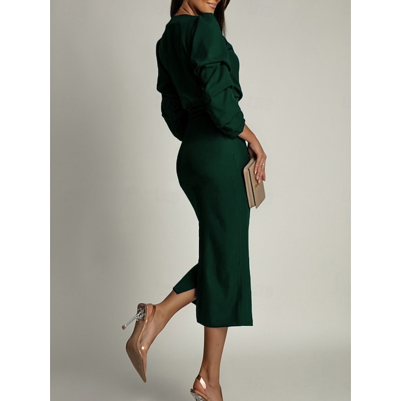 Women's Midi Dress Bodycon Dress Work Dresses Semi Formal Office Regular Fit Plain Long Sleeve V Neck Black Green Summer3