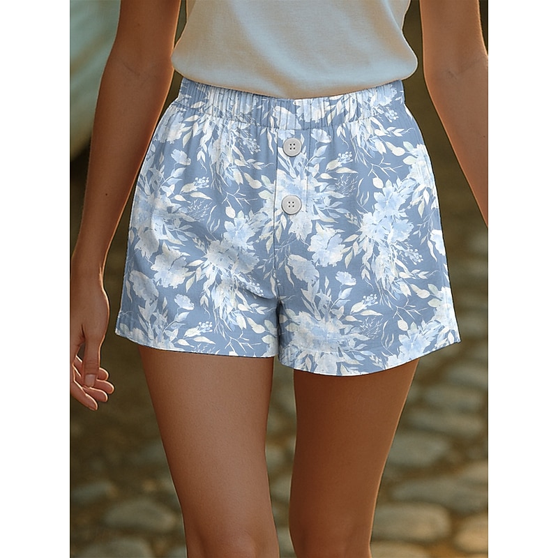 Women's Chinos Shorts Vacation Vintage Ethnic Style Short High Waist Floral Graphic Buckle Print Soft Outdoor Breathable Micro-elastic Formal Outdoor Vacation Robin's Egg Blue White Red Summer Spring