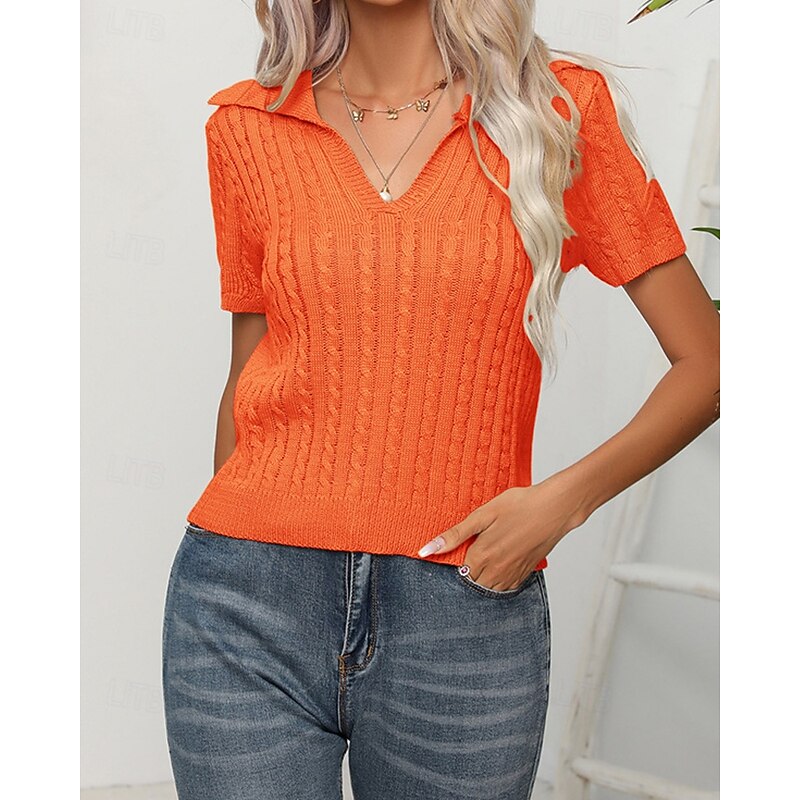 Women's Pullover Casual Solid Color Chunky V Neck Knitted Short Sleeves Regular Tops Knit Daily Holiday Going out Blue Orange Summer4