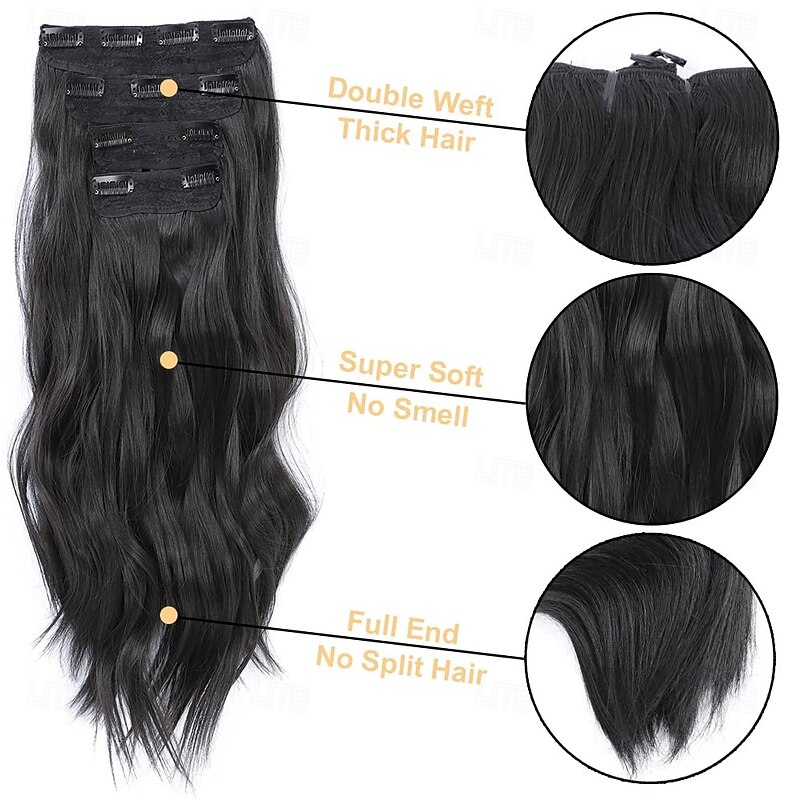 4PCS Clip in Hair Extensions 20Inch Black Hair Extensions Long Wavy Hair Extensions Clip ins Synthetic Thick Hair Piece for Women3