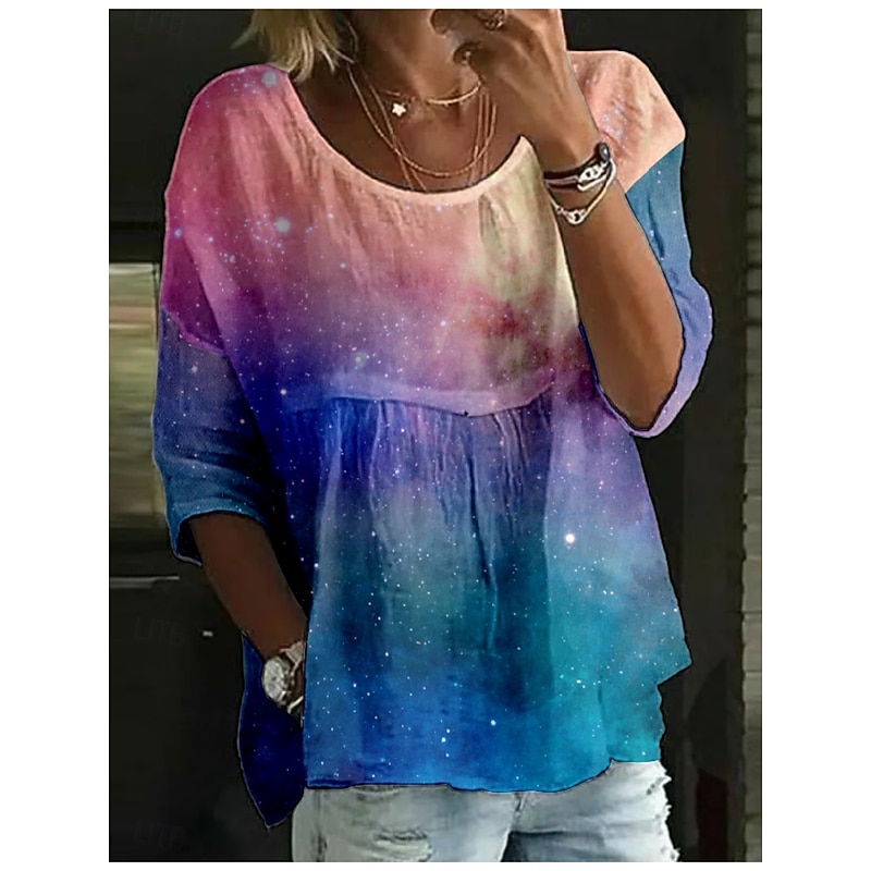 Women's Blouse Color Gradient Stylish 3/4 Length Sleeve Crew Neck Regular Tops Daily Holiday Print Pink Navy Blue Blue Purple Summer3