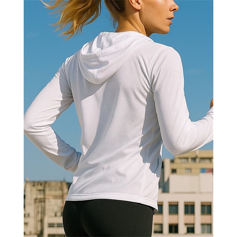 Women's Running Jacket Outdoor Jacket Pocket Full Zip Long Sleeve Outerwear Athletic Solid Colored Sun Protection Lightweight Breathable Tennis Golf Running Sportswear Activewear Black White Pink2