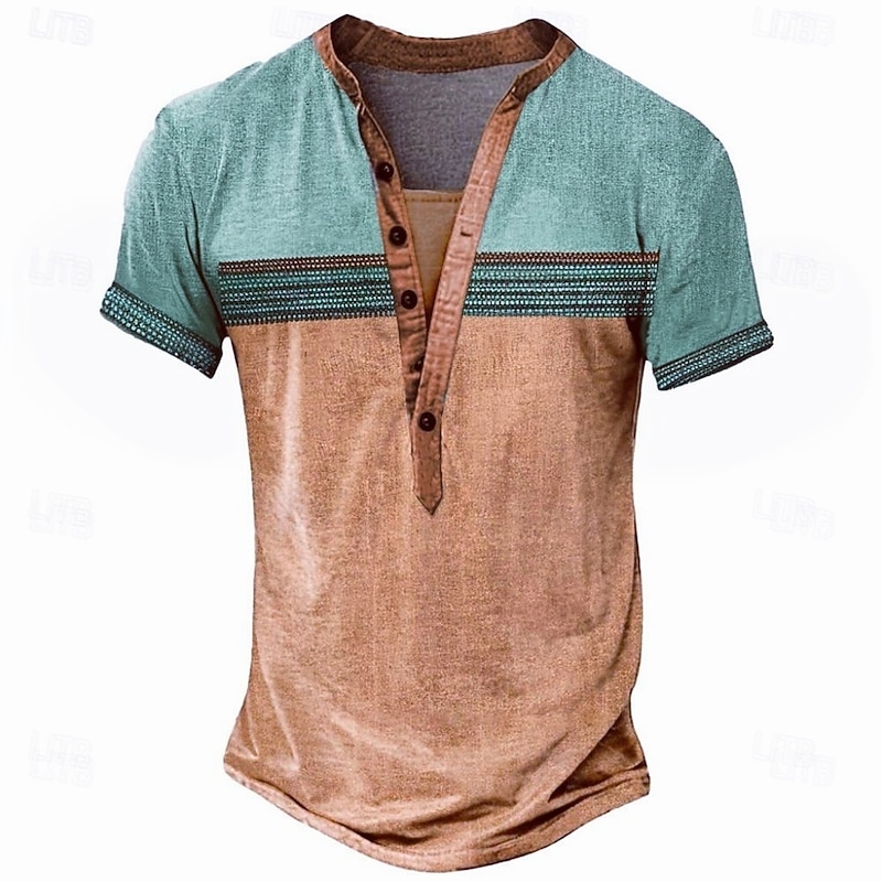Men's Ethnic T Shirt Henley Shirt Tee Short Sleeve Designer Basic Ethnic Outdoor Casual Daily Summer Khaki Henley Henley T-Shirt