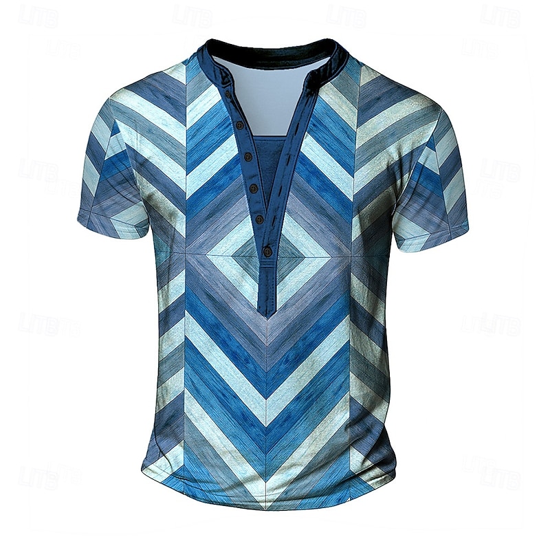 Men's Chevron Ethnic T Shirt Henley Shirt Tee Short Sleeve Designer Basic Ethnic Outdoor Casual Daily Summer All Seasons Blue Green Khaki Henley Henley T-Shirt2