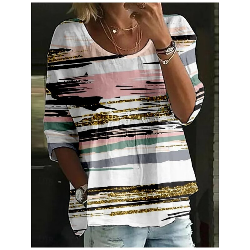 Women's Blouse Striped Stylish 3/4 Length Sleeve Crew Neck Regular Tops Daily Holiday Print Black Pink Blue Fuchsia Dark Gray Summer4