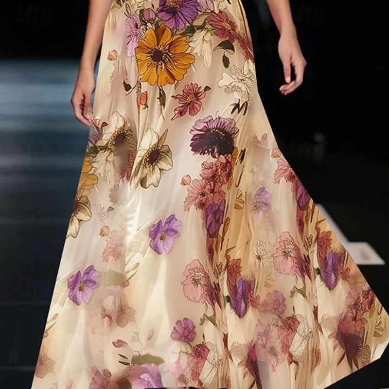 Women's Long Dress Maxi Dress Print Dress Fashion Outdoor Date Going out Regular Fit Flower Half Sleeve V Neck Khaki Summer3