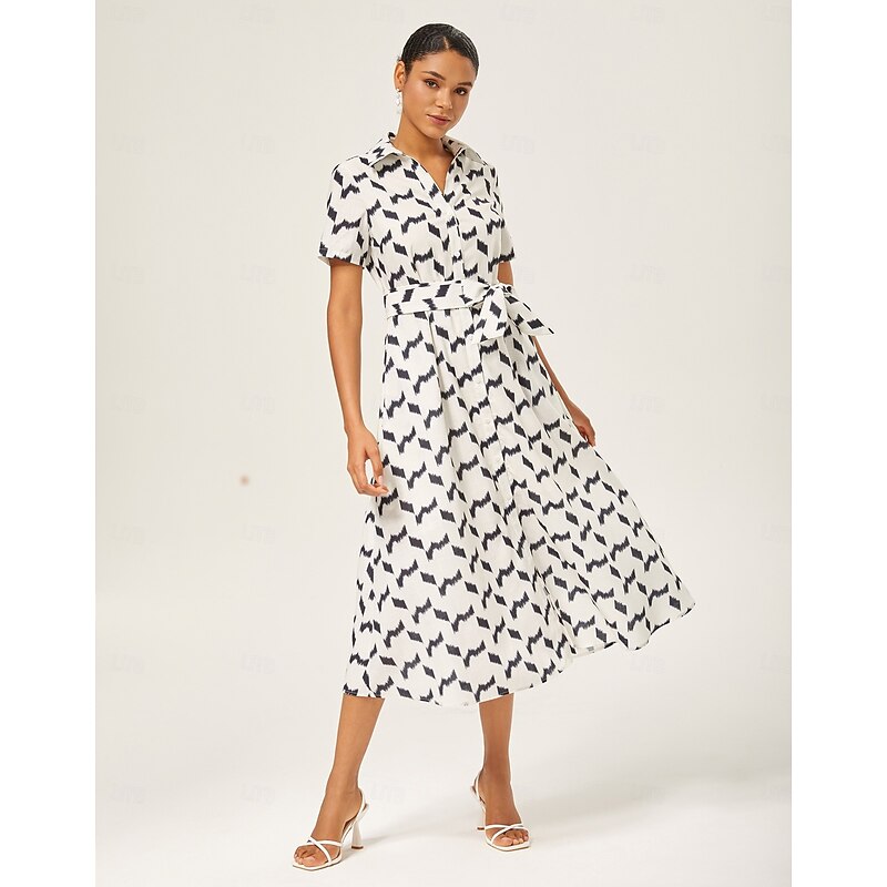 Monochrome Geometric Faux-Linen Dress4