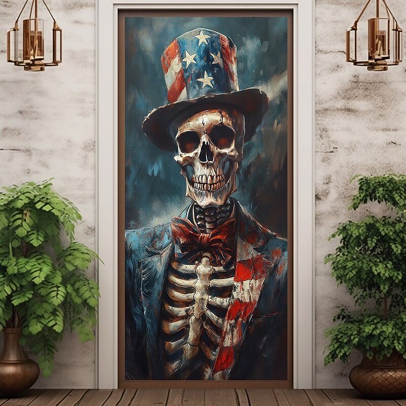 Halloween Skull Door Decorations Door Covers 4th of July Patriotic Independence Day Backdrop Indoor/Outdoor Door Banner for Front Door Farmhouse4