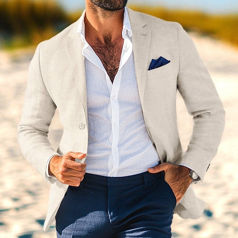 Men's Blazer Jacket Linen Blazer Notch Collar Fashion Casual Solid Colored Blazer Dusty Blue Light Grey Dark Blue Tailored Fit Single Breasted One-button