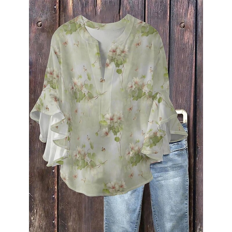 Women's Blouse Floral Stylish Modern 3/4 Length Sleeve V Neck Regular Tops Daily Holiday Ruffle Print Light Green Blue Green Gray Light Blue Summer2
