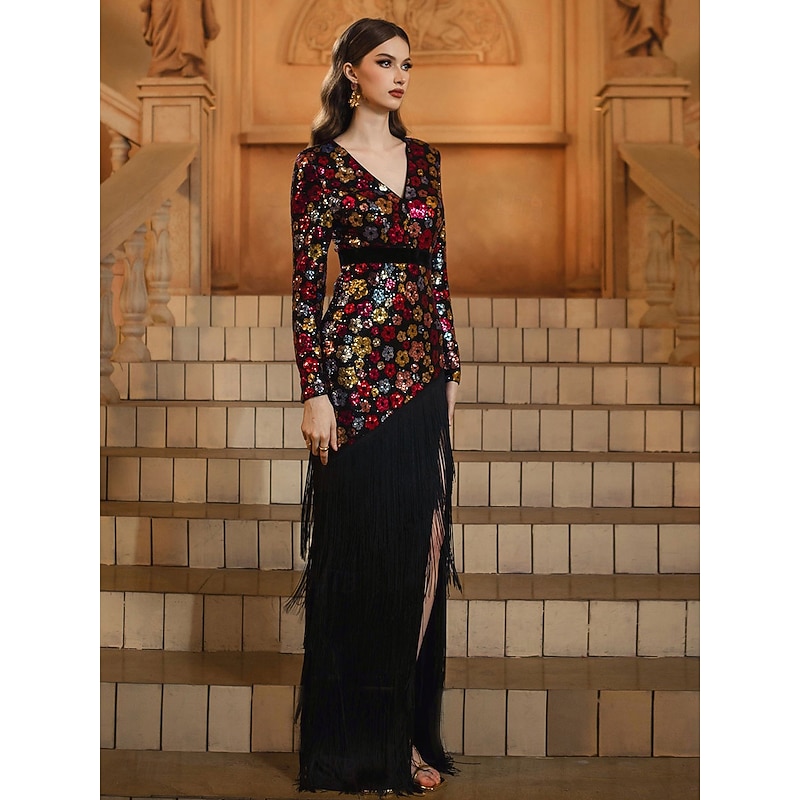 Mermaid / Trumpet Party Dresses Elegant Dress Formal Wedding Floor Length Long Sleeve V Neck Sequined with Tassel Slit2