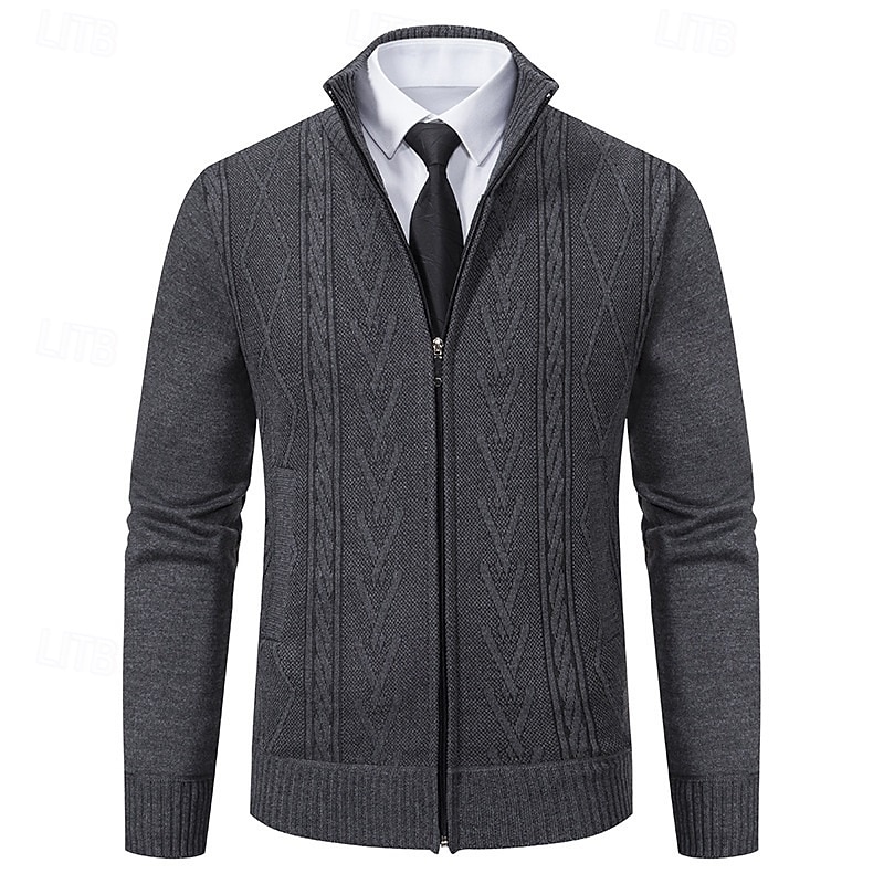 Men's Sweater Cardigan Sweater Ribbed Knit Regular Tops Knitted Geometric Standing Collar Modern Contemporary Smart Casual Casual Daily Wear Clothing Apparel Fall Winter Light Grey Dark Grey M L XL3