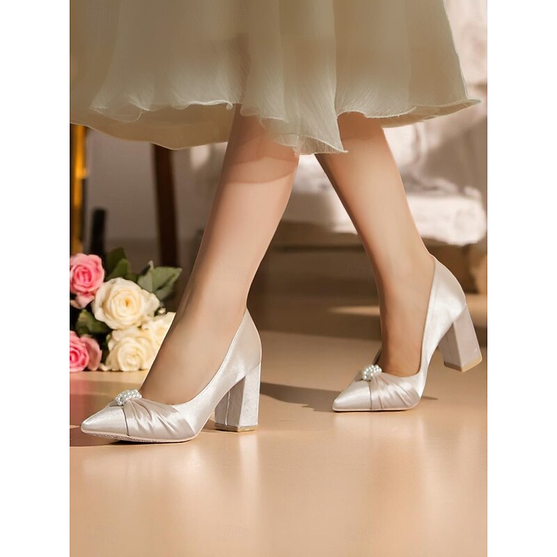 Women's Ivory Satin Block Heel Wedding Pumps, Pointed Toe Pearl Embellished Formal Bridal Shoes for Elegant Ceremonies2