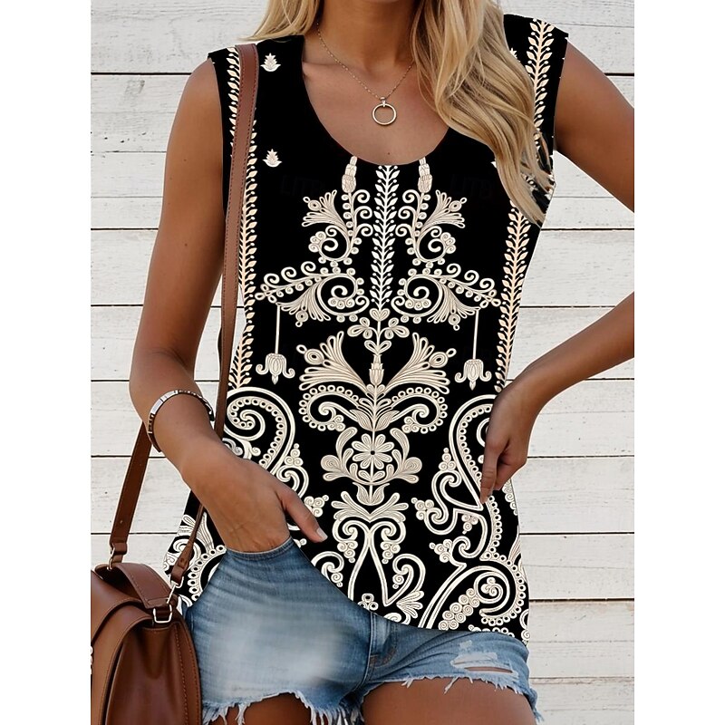 Women's Camisole Tank Top Graphic Geometric Bohemia Vintage Daily Sleeveless Crew Neck Regular Tops Daily Print Black White Red Blue Khaki Summer Spring3