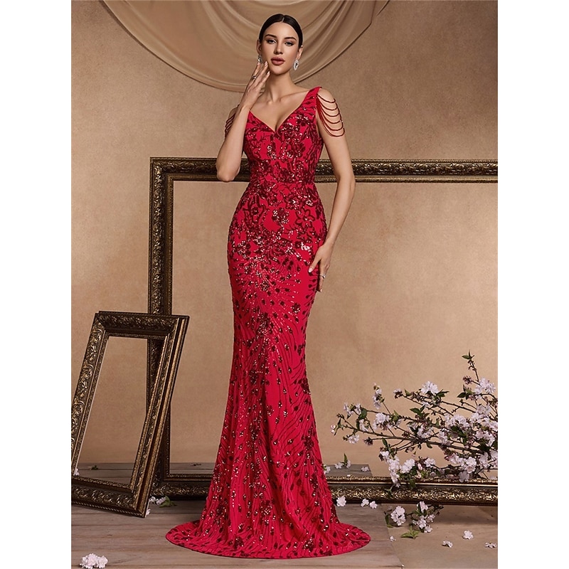 Mermaid / Trumpet Quinceanera Dresses Elegant Dress Formal Wedding Floor Length Sleeveless Sweetheart Polyester V Back with Sequin