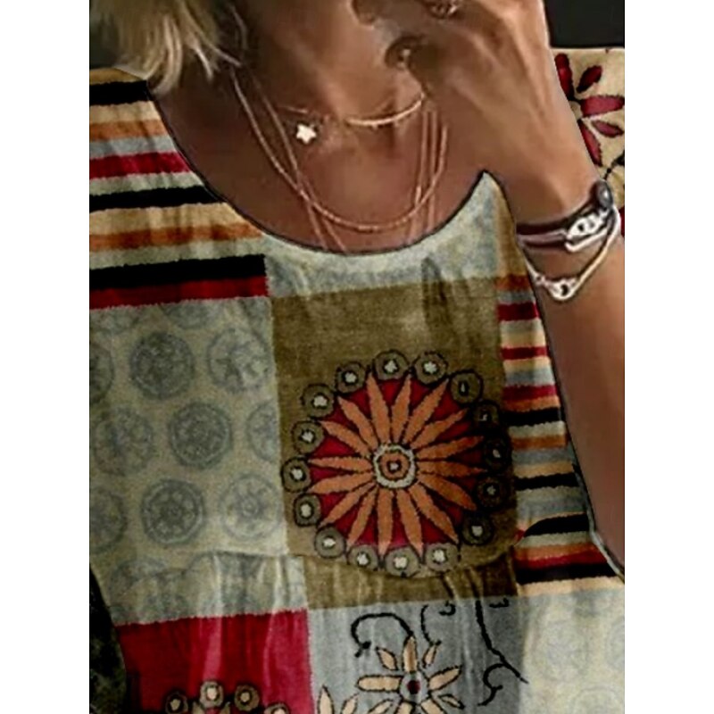 Women's Blouse Geometric Color Block Retro Vintage Ethnic 3/4 Length Sleeve Crew Neck Regular Tops Daily Holiday Print Wine Green Summer2