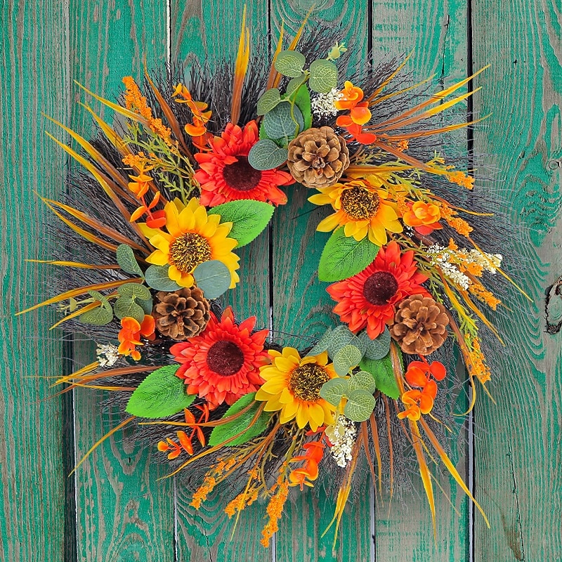 Fall Wreath for Front Door Thanksgiving Autumn Harvest Indoor Outdoor Decoration, Pinecone and Sunflower Artificial Wreath Wholesale Home Porch Hanging Decor2