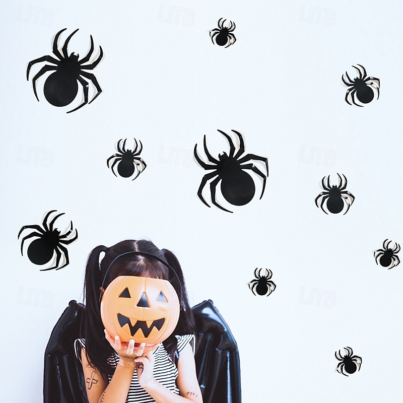 12pcs 3D Halloween Spider Stickers, Black Spider Wall Decals for Spooky Party Decorations, Kids Bedroom Decor, Trick or Treat Haunted House Atmosphere