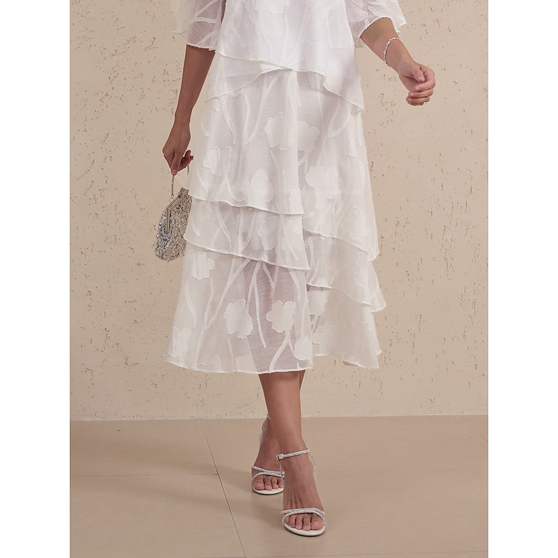 Women's Skirt Elegant Midi Mid Waist Skirts Floral Layered Inelastic Party Causal White Summer Chiffon