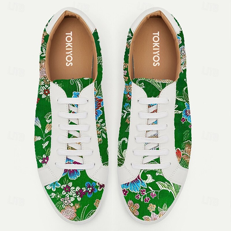 Men's Green Jacquard Fabric Sneakers Comfortable Low-Top Shoes with Floral Pattern Suitable for Casual Walking Daily Wear and Creative Outfits4