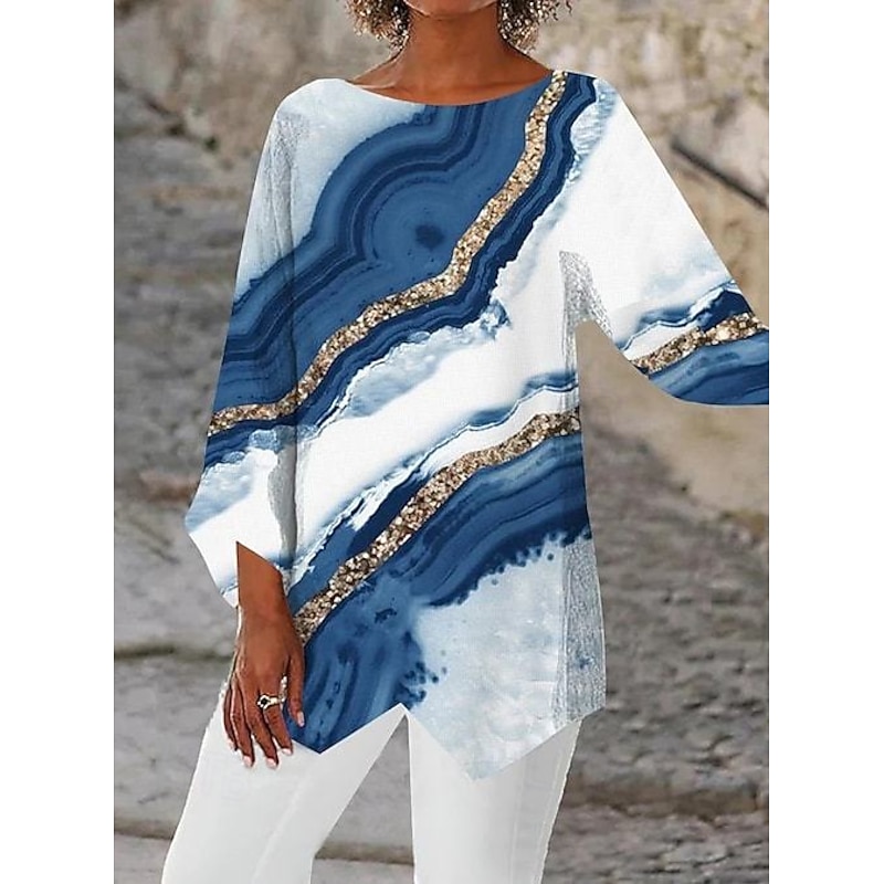 Women's Blouse Print Abstract Daily Stylish Long Sleeve Crew Neck Regular Tops Daily Holiday Print Asymmetric Hem Pink Blue Summer Spring2