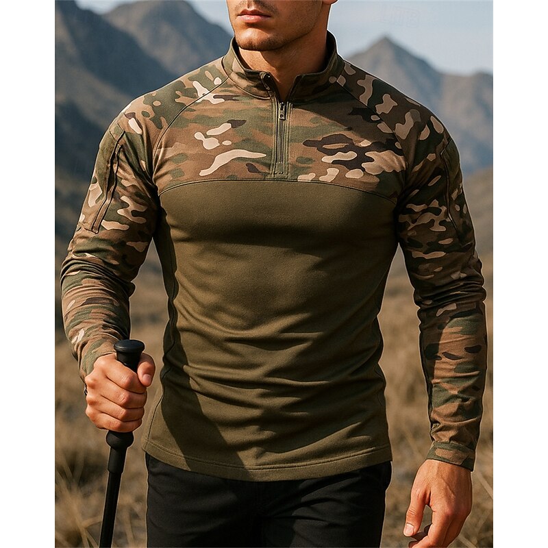 Men's Polo Sweatshirt Hiking top Long Sleeve Stand Collar Top Outdoor Breathable Quick Dry Lightweight Elastic Quarter-Zip Pullover Polyester Camouflage Black Army Green Grey Tennis Golf Running