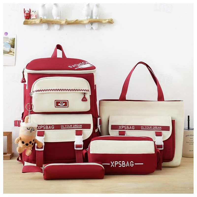 5-in-1 School Bag Set for Girls – Red Backpack with Matching Tote, Messenger Bag, and Pencil Pouches for Kids and Teens