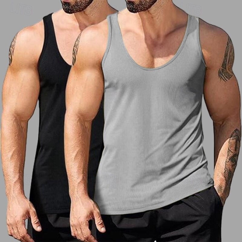 2PCs Men's Tank Top Undershirt Sleeveless Shirt Wife beater Shirt Sleeveless Deep U Scoop Neck Scoop Neck Summer Solid Color Plain Pit Strip Fashion Designer Sporty Ribbed Plain Casual Tank top2
