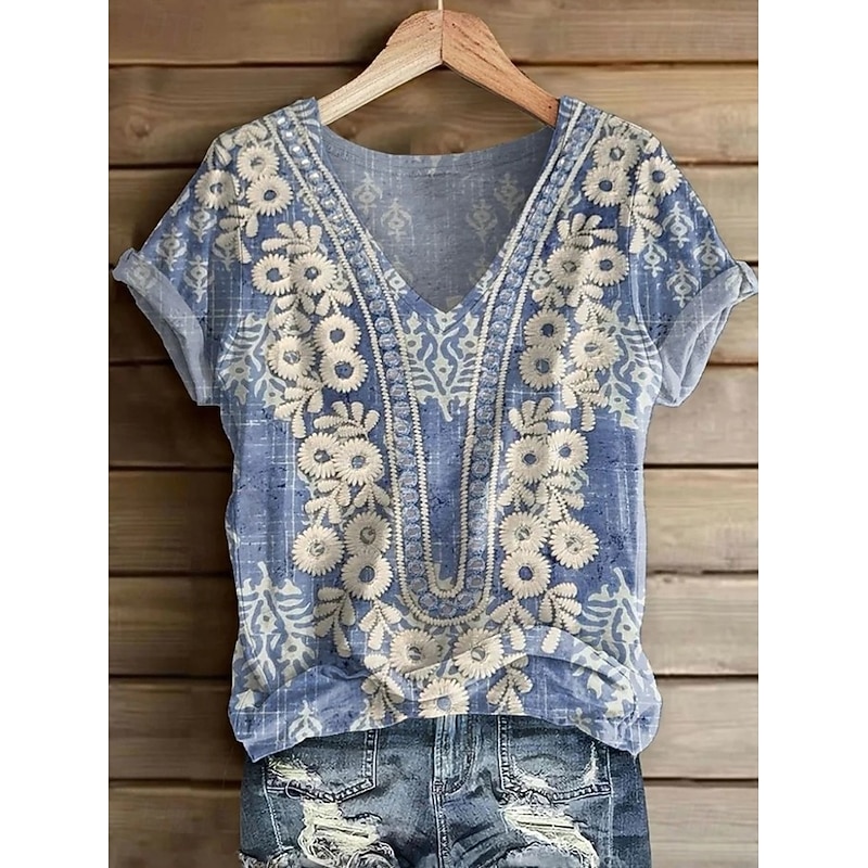 Women's T Shirt Floral Graphic Paisley Bohemia Vintage Stylish Short Sleeve V Neck Regular Tops Daily Going out Weekend Print Blue Khaki Summer Spring
