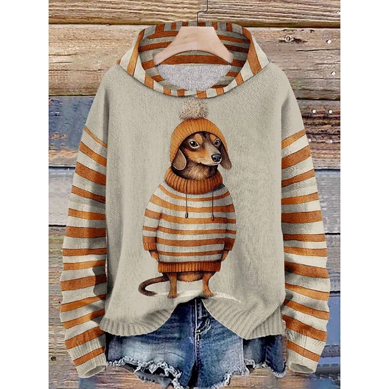Women's Pullover Hoodie Sweatshirt Dog Striped Casual Long Sleeve Hooded Regular Tops Street Dailywear Black Red Blue Orange Green Fall Winter2