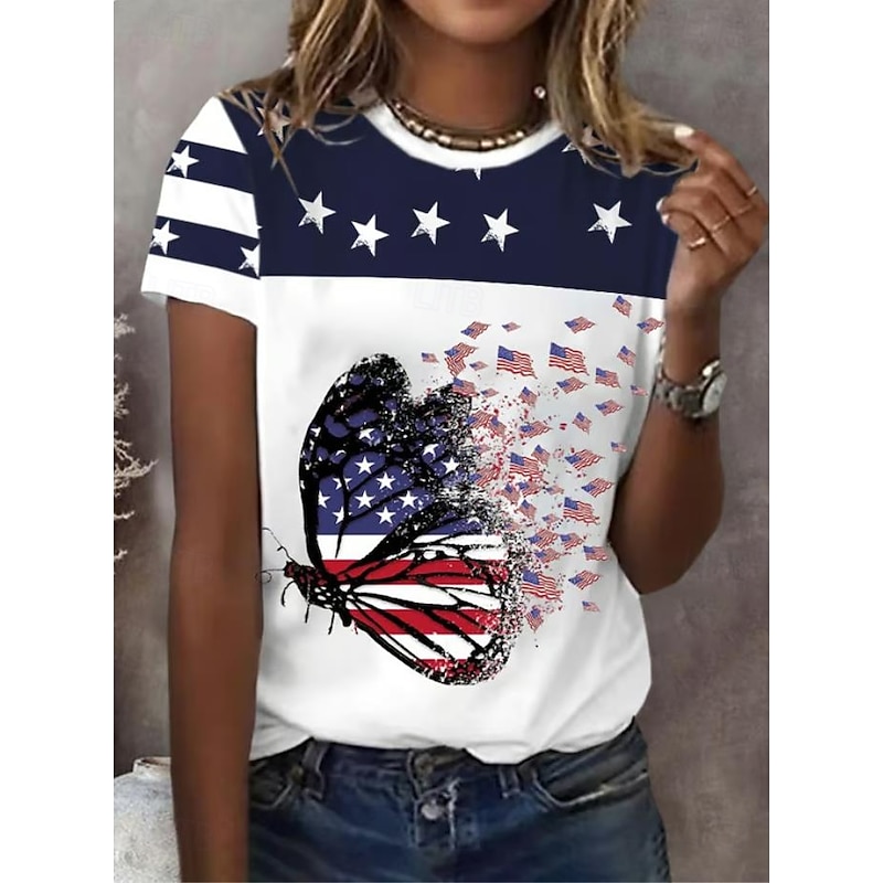 Women's Patriotic  T Shirt Graphic Flag Vintage Stylish Classic Short Sleeve Crew Neck Round Neck Regular Tops Daily Weekend Print Black White Red Blue Summer Spring2