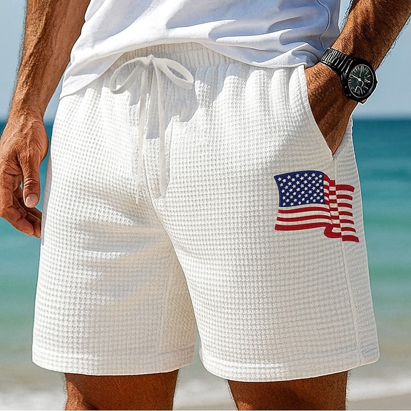 Independence Day Men's US Flag Patriotic Waffle Shorts Sweat Shorts Casual Shorts Mid Waist Fashion Casual Vacation Jogging Workout Elastic Drawstring Waist Shorts with Pockets Designer Clothing