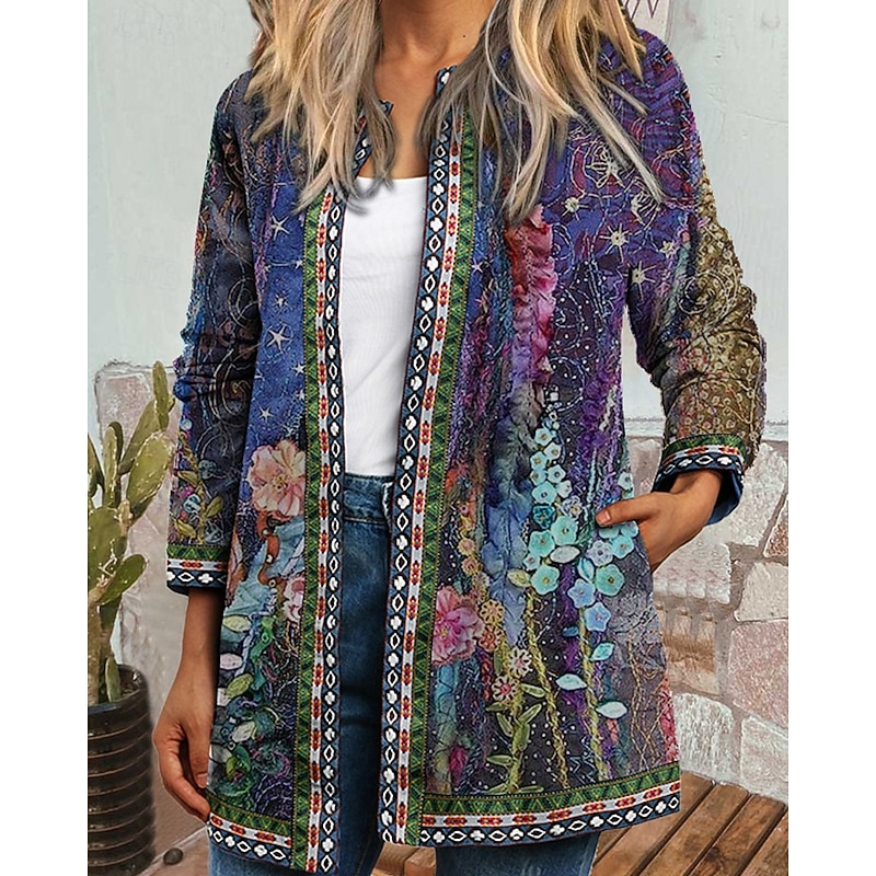 Women's Dressy Dusters Dressy Jackets Casual Jacket Street Going out Fall Winter Regular Coat Regular Fit Warm Comfortable Fashion Modern Jacket Long Sleeve Floral Pocket Black Pink Purple2