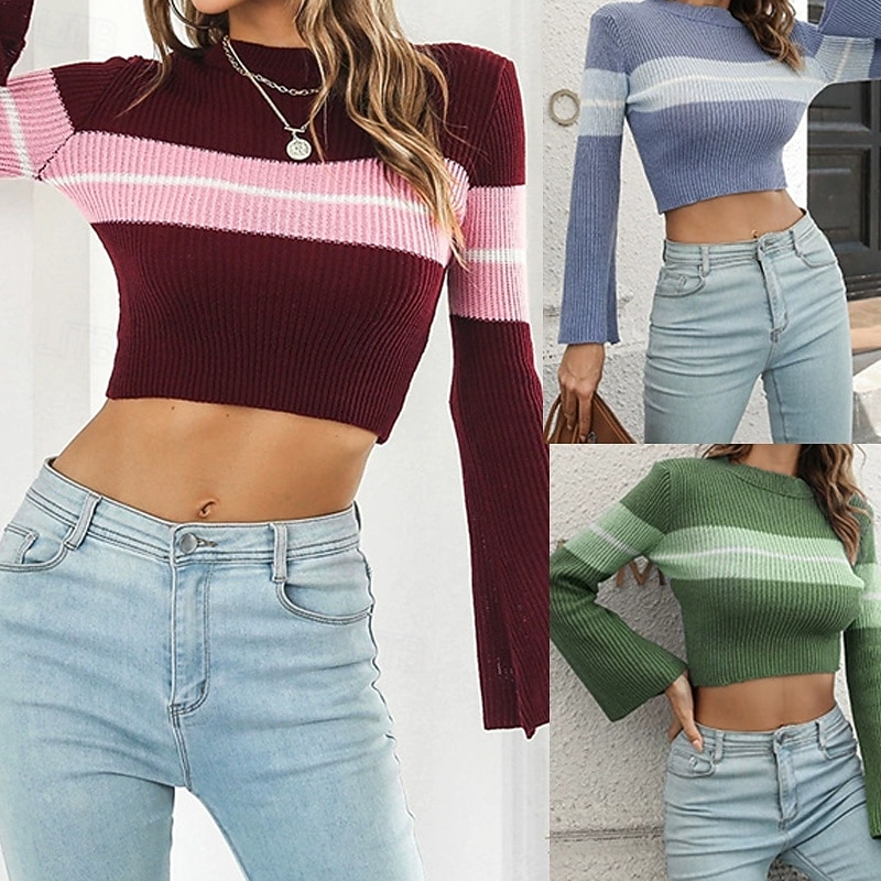 Women's Pullover Casual Color Block Chunky Crew Neck Knitted Long Sleeve Crop Tops Knit Daily Holiday Going out Wine Army Green Fall Winter